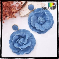 DUOJUAN Denim Blue Fabric Earrings, Denims Handmade Blue Rose Earrings, Ornament Exaggerate Flower E