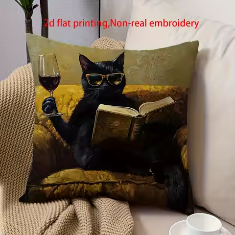 Cool Black Cat Reading Book with Wine Glass 2D Printed Pillow Cover Sofa cushion cover, home decorat