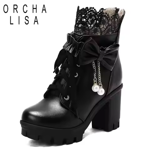 ORCHA LISA Lolita Style Women Ankle Boots Round Toe Block Heels 8cm Platform 3.5cm Lace Up Bowknot B