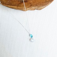 鎖骨間奢華 天空藍托帕石 日本真珠垂墜 白18K金項鍊 輕珠寶飾品