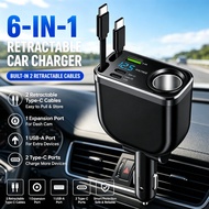 240W Car Charger With 70CM Retractable Dual Type C Cable Fast Charging 6-in-1 Car Phone Charger for 