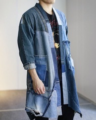 復古牛仔瘋狂拼布和服領長外套