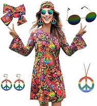 70s Hippie Dress Costumes Necklace Earrings Sunglass Women Disco Outfit, 60s Party Costume, Halloween Retro Dresses