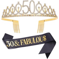 Black Gold "50 & Fabulous"Sash & Rhinestone Tiara Set, 50th Birthday Gifts for Women, Birthday Sash/