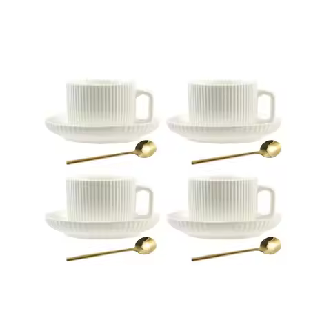 8 Ounce Cappuccino Cups Set of 4, Latte Mugs with Saucers and Spoons, White Cream Ceramic Coffee Mug