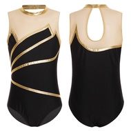 inhzoy Kids Girls Metallic Striped Gymnastics Leotard Sheer Mesh Patchwork Keyhole Back Sleeveless Bodysuit Dancewear