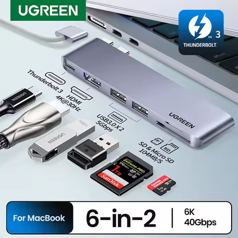 UGREEN 6-in-2 USB-C HUB Type-C to Thunderbolt 3 4K HDMI SD&TF USB3.0 Adapter for MacBook Pro Air Doc