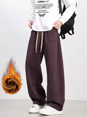 Men' Winter Sport Pants Fleece-Lined Warm Sweatpants Korean Style Straight Jogger Pants Insulated Tr