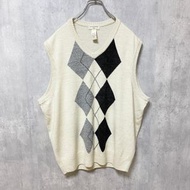 古著 DOCKERS 菱形針織背心，V 領，白色，超大號，XL 碼