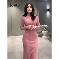 Lovito Elegant Plain Structure Line Dress for Women LNL60335 Lovito Gaun Polos Bergaris Elegan untuk