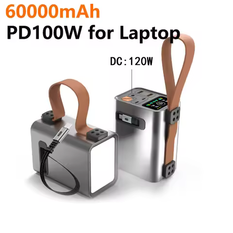 Power Bank 60000mAh PD 100W Fast Charging with 24V DC Built-in Retractable Type C Cable for Laptop i