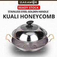 SSARAWOK Honeycomb Wok With Golden Handle Nonstick Stainless Steel Honeycomb Wok Pan Kuali Non Stick