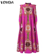 VONDA Women Vintage Fashion Party Stand Collar Pleated A Hem Long Dress