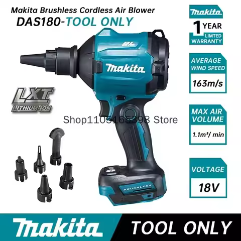 Makita DAS180 Brushless Cordless Air Blower, Dust Removal Gun with Nozzle, Multifunction Dusting Inf