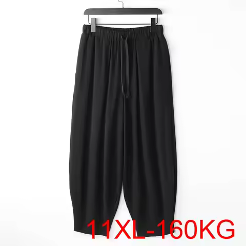 Large size men's summer loose Chinese style linen nine-point pants 8XL 9XL 10XL 11XL 12XL 13XL solid