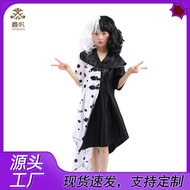 Halloween Cosplay 101: Cruella De Vil Spotted Dress Black and White Witch Stage Performance Costume