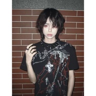 Old Guests Repurchase Praise📈Japanese Style y2k Asian Culture Black Shoulder Short Sleeve Printed Su