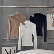 Áo kiểu thun nữ tay dài cổ lọ khoét ngực 3 màu Áo thun ôm body cổ lọ khoét vai đen trơn tay dài tôn