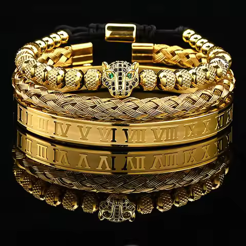 Luxury Black Stone Beads Leopard Head Man Bracelet Enamel Stainless Steel Roman Bangles Women Jewelr
