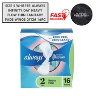 SIZE 2 WHISPER ALWAYS INFINITY DAY HEAVY FLOW THIN SANITARY PADS WINGS 27CM 16PC