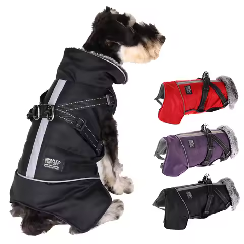 Winter Dog Clothes Waterproof Large Dog Jacket Coats With Harness Warm Fur Collar Clothing For Big D