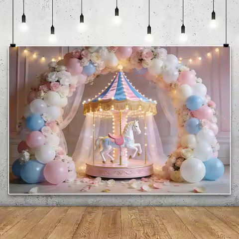 Fantasy Carousel Photography Background Pink Purple Flower Balloon Curtains Baby Shower Girl Birthda
