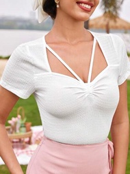 SHEIN DECDS 復古休閒女性束腰短袖白色T恤，適用於春季/夏季女式上衣，母親節裝扮度假服裝