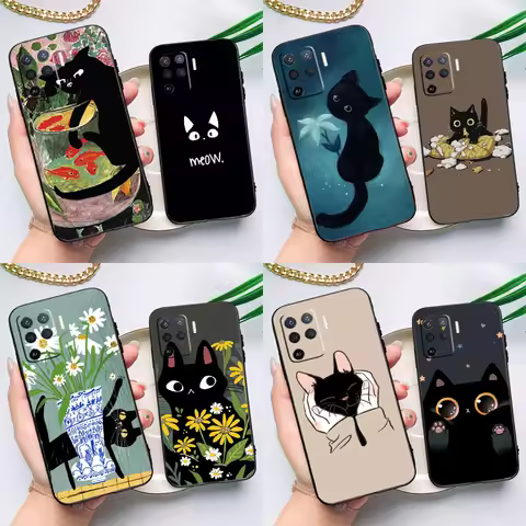 Black Cat Cartoon Cute Case For OPPO Find X5 X3 Lite Pro A15 A16 A52 A72 A5 A9 A31 A53 A83 A93 A54 A