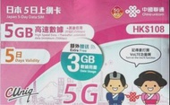 日本5日上網卡 5GB 送3Gb數據卡