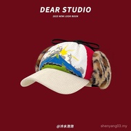 New American Retro Contrast Color Leopard Print Plush Ear Protection Hat Women Warm All-Match Street