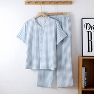 Muji Style Men Yarn Gauze Pure Cotton Pajamas Short-Sleeved Ankle-Length Pants Loungewear Set