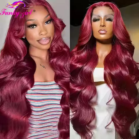 99J Color Body Wave Lace Front Human Hair Wig Burgundy Transparent Lace Frontal Wigs For Women Red C