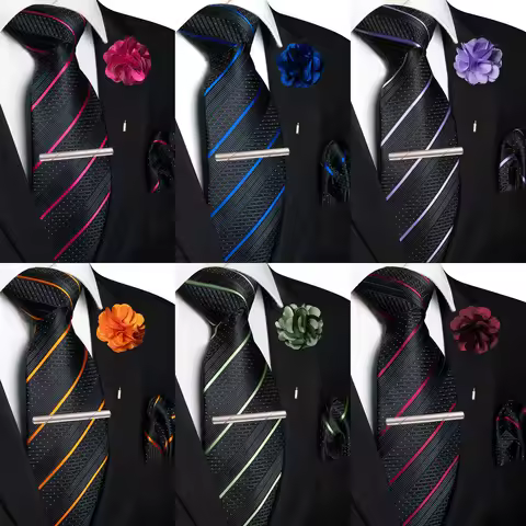 Black Tie Lapel Pin JEMYGINS Black Purple Striped Blue Wedding Tie For Men Pocket Square Lapel Pin T