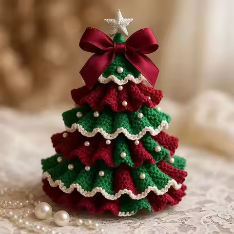 Crochet Christmas Tree Kit DIY with Bow Faux Pearl Decor Holiday Craft Starter Set Handmade Crochet 