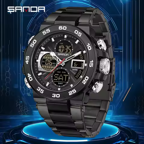 SANDA Luminous Dual Screen Multi functional Outdoor 3 Time Zones Sports Waterproof Men's Electronic 
