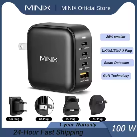 MINIX NEO P3 100W GaN USB Charger with Multi-Plug Adapter EU/US/AU/UK for MacBook, iPhone, Samsung, 