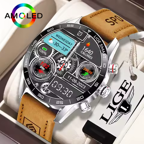 LIGE AMOLED Screen Smart Watch For Men Smart Watch Waterproof Bluetooth Call Smartwatch Fashion Busi