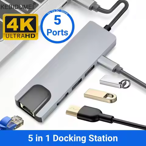 5 Ports USB C Hub to 4K HDMI-Compatible USB 3.0 2.0 HUB Type C Charging PD 100W RJ45 100M Docking fo