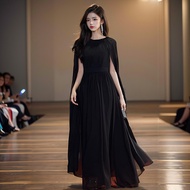 Black Long Dress Host Performance Award Stage Temperament Elegant Car Model Exhibition Chiffon Dress