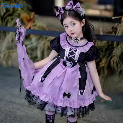 New 2024 Sanrio Cosplay Kuromi Lolita Princess Dress Summer Children'S Costume Dress Puffy Skirt Sui