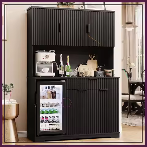 69" Black Kitchen Pantry with Wine Fridge, Fluted Coffee Bar Cabinet, Storage Hutch for Living Room 