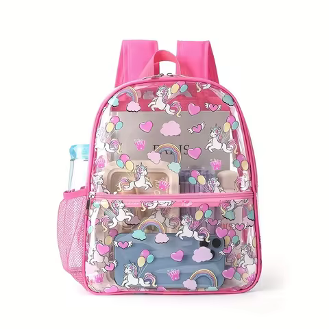 Unicorn Transparent Backpack Cute Rainbow Heart Print PVC Jelly School Bag Waterproof Travel Beach C