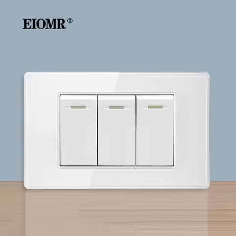 EIOMR US BR Standard Wall Switch,3 Gang 1 / 2 Way,White Crystal Glass Panel,Size 118*75mm,10A Light