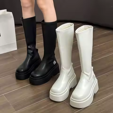 Knee length long boots for women elastic slim boots 2024 autumn new height increasing thick soled fa