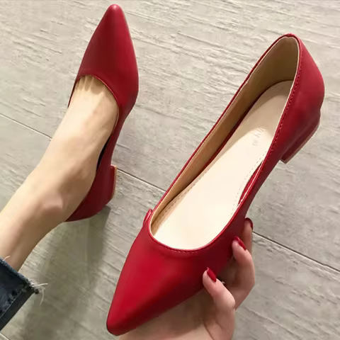 Woman Closed Back Snug Shoes Low Heels 2cm Null Pumps Pointy Toe Slip-On Red Black Beige Narrow Feet