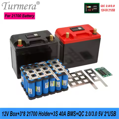 Turmera 12V Motorcycle Battery Case 3*8 21700 Battery Holder 40A Balance BMS 5V 2.1A QC3.0 2*USB Por