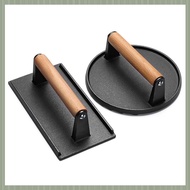 (OAFV) Grill Plate Heavy-Duty Cast Iron Smash Bacon Press Meat Steak with Wood Handle for Griddle, S