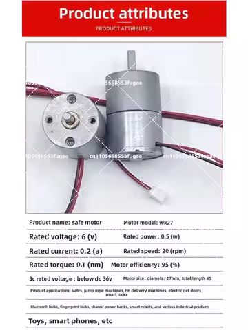 Safe Box Lock DC Gear Motor 27MM DIY Handmade Making Motor 6V 20RPM 1:188 Torque 4KG.CM