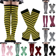 Womens Girls Cosplay Striped Over the Knee High Socks Stockings Long Leg Arm Warmer Fingerless Glove