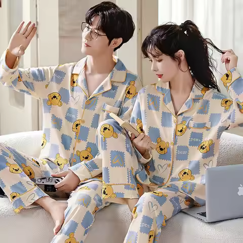 Couple's Cotton Autumn Spring Pajamas Set Men's Cardigan Pajamas Set Women's Korean Fashion Home Clo